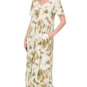 ZENANA 2X Olive Soft French Terry Tie Dye V-Neck Maxi Dress